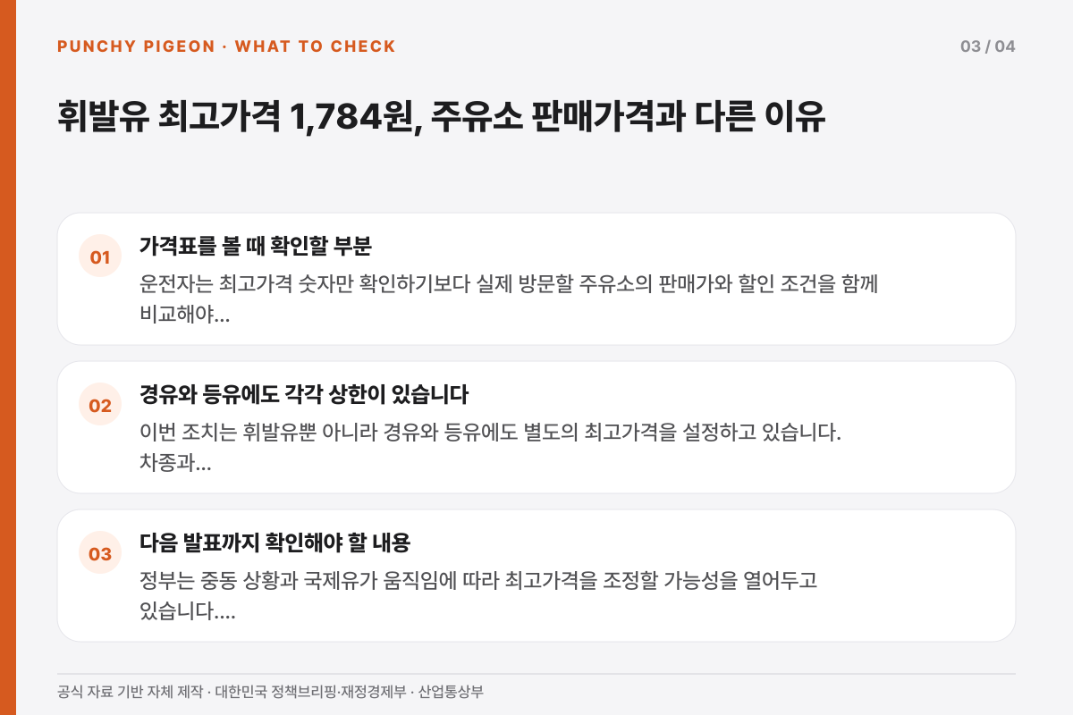 휘발유 최고가격 1,784원, 주유소 판매가격과 다른 이유에서 독자가 확인할 조건을 정리한 설명 그래픽