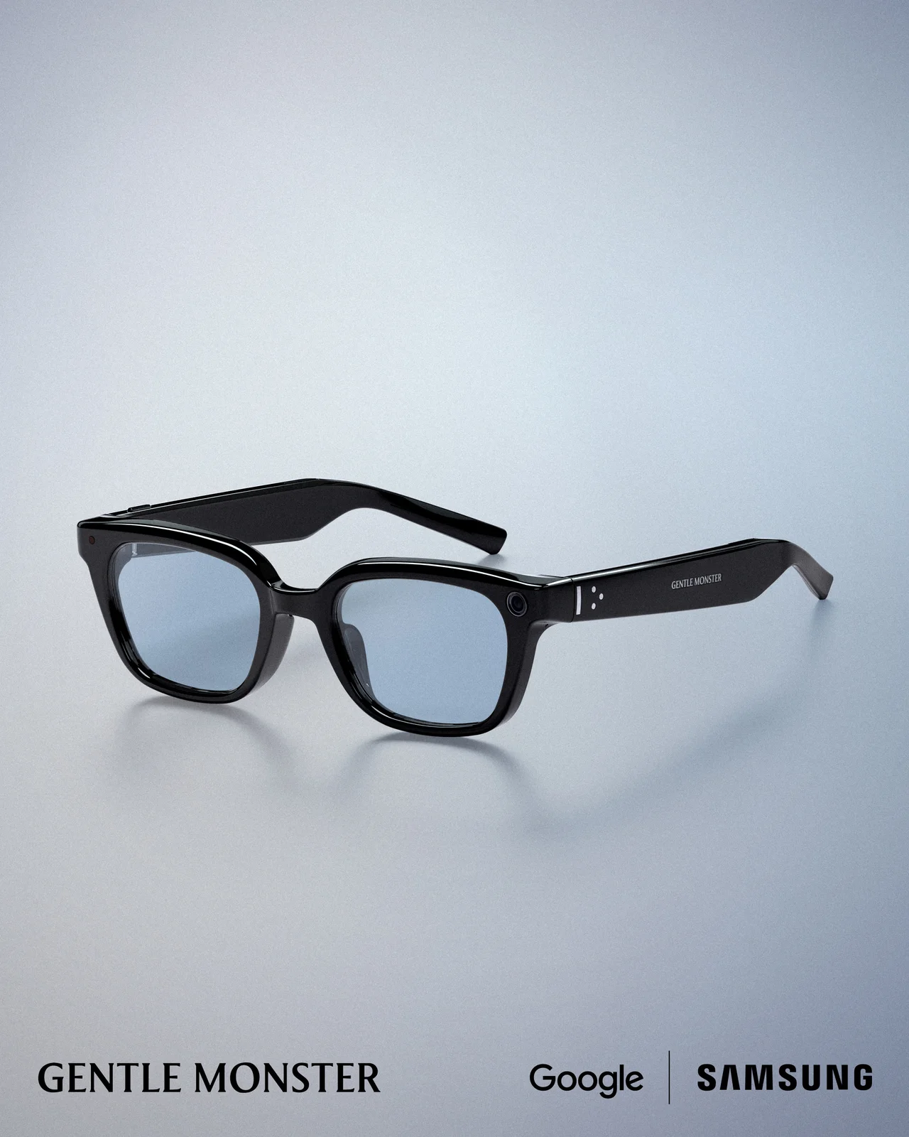 카메라와 두꺼운 템플 구조가 보이는 검은색 Intelligent Eyewear