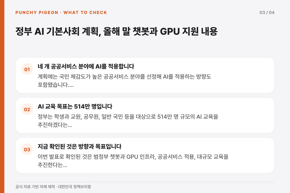 정부 AI 기본사회 계획, 올해 말 챗봇과 GPU 지원 내용에서 독자가 확인할 조건을 정리한 설명 그래픽