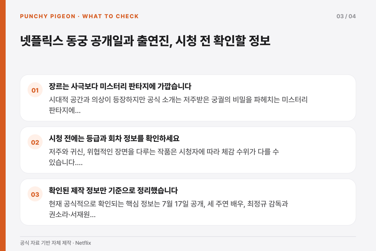 넷플릭스 동궁 공개일과 출연진, 시청 전 확인할 정보에서 독자가 확인할 조건을 정리한 설명 그래픽