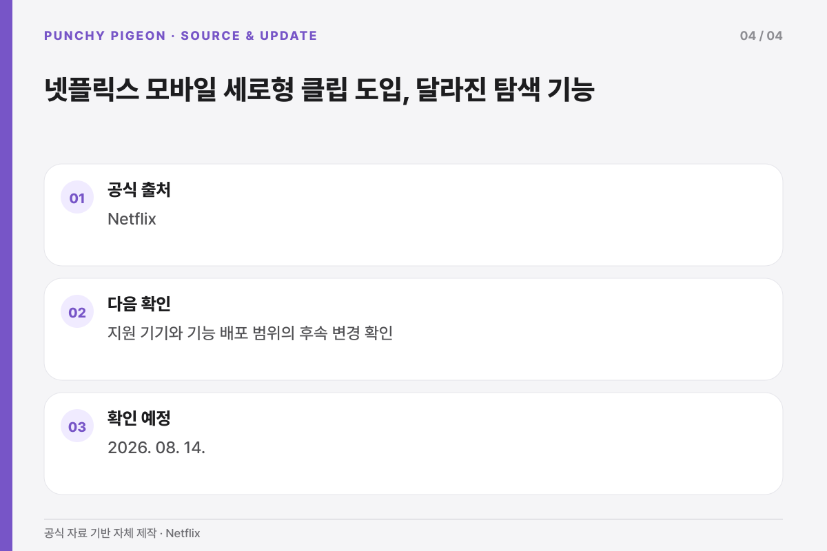 넷플릭스 모바일 세로형 클립 도입, 달라진 탐색 기능의 공식 출처와 다음 확인 일정을 정리한 설명 그래픽