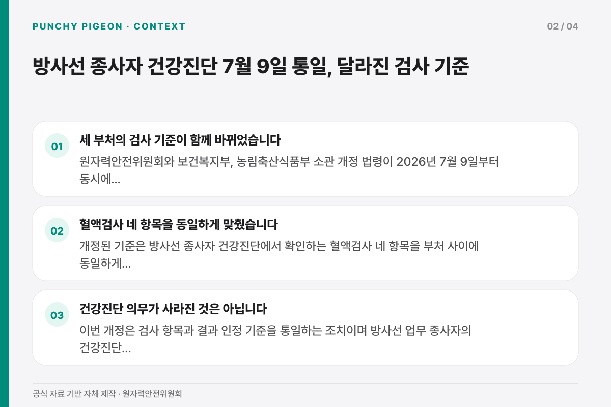 방사선 종사자 건강진단 7월 9일 통일, 달라진 검사 기준의 배경과 변화 흐름을 정리한 설명 그래픽