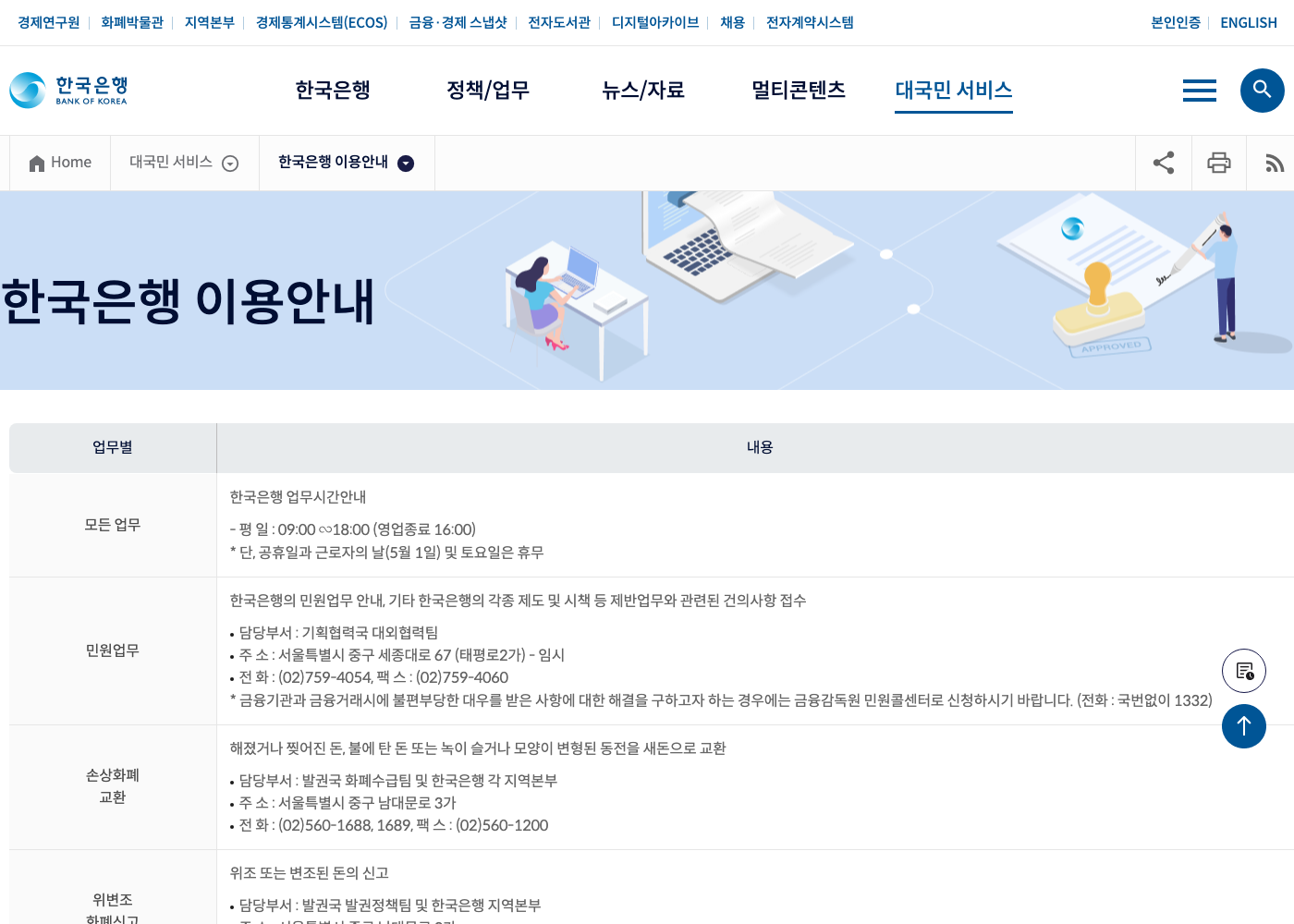 한국은행 공휴일 업무시간 공식 이용안내