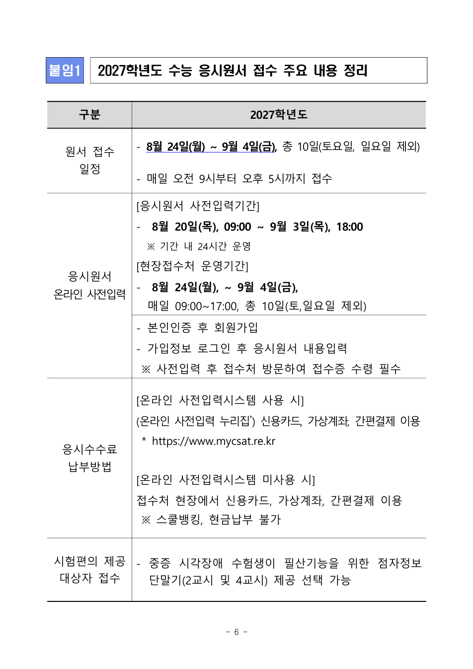2027학년도 수능 원서접수 일정 요약표