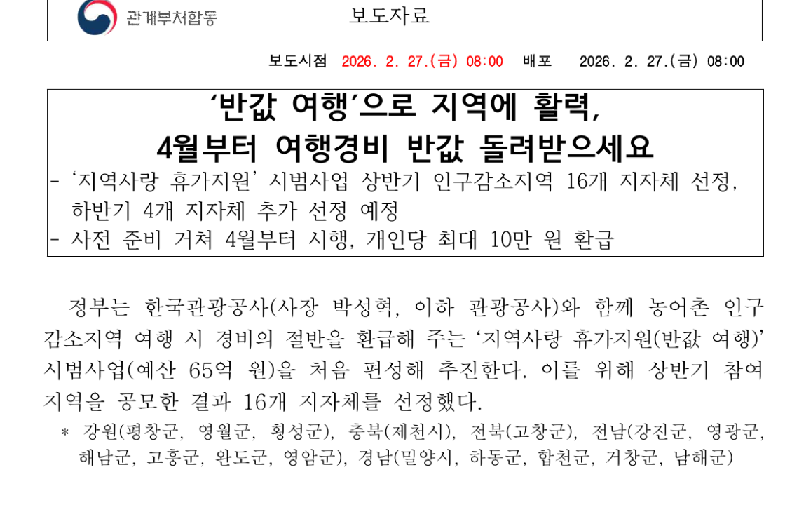 반값 여행 개인 최대 10만 원 환급 기준
