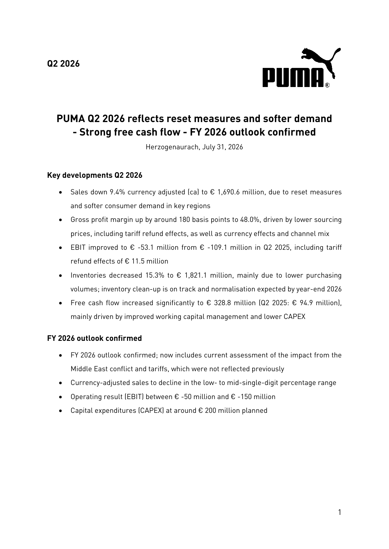 PUMA 2026년 2분기 핵심 실적과 연간 전망 표지
