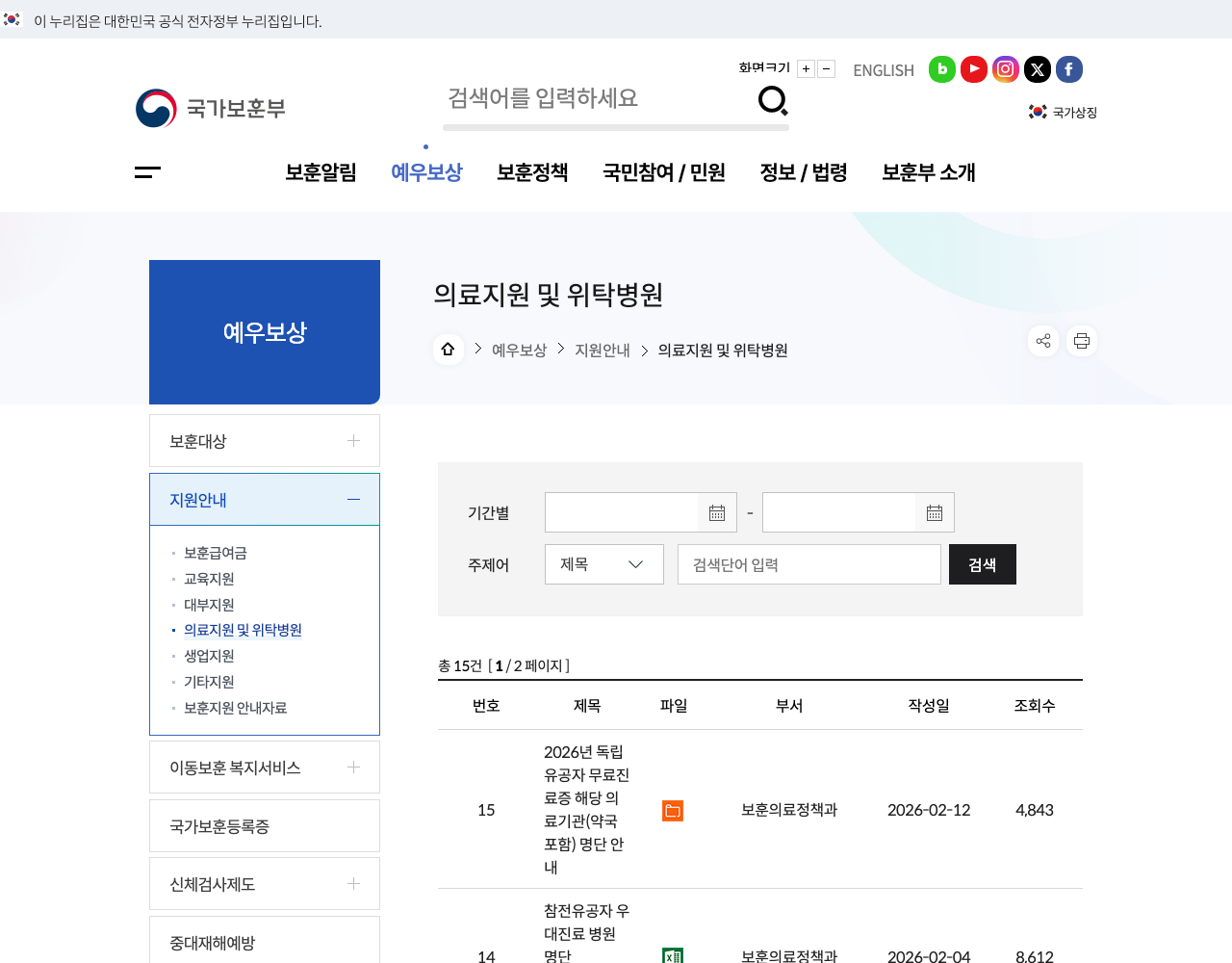 국가보훈부 위탁병원 명단 공식 페이지