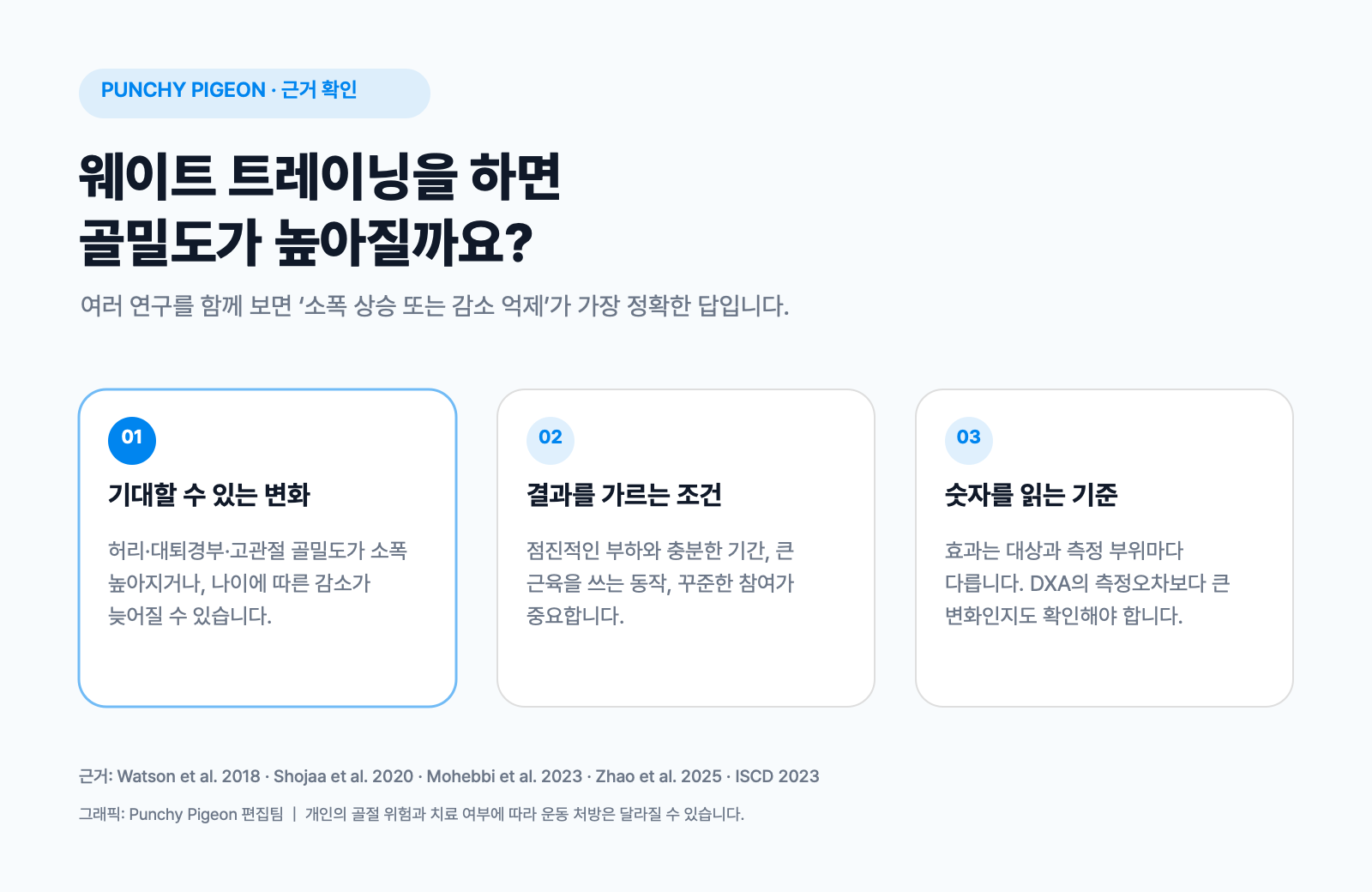 웨이트 트레이닝이 골밀도에 미치는 변화와 운동 조건, DXA 해석 주의를 세 칸으로 정리한 설명 그래픽