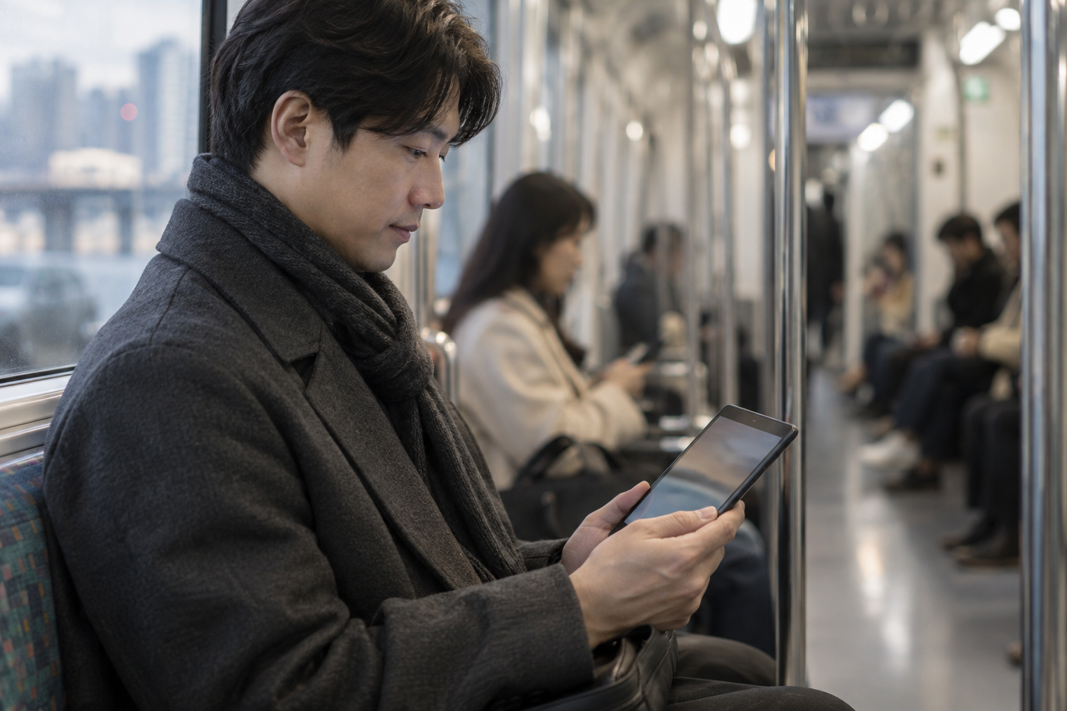 지하철 좌석에서 휴대기기로 책을 읽는 사람