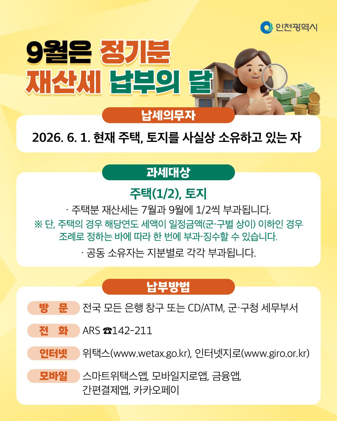 재산세 과세기준일과 주택분 분할 부과를 설명한 인천광역시 안내