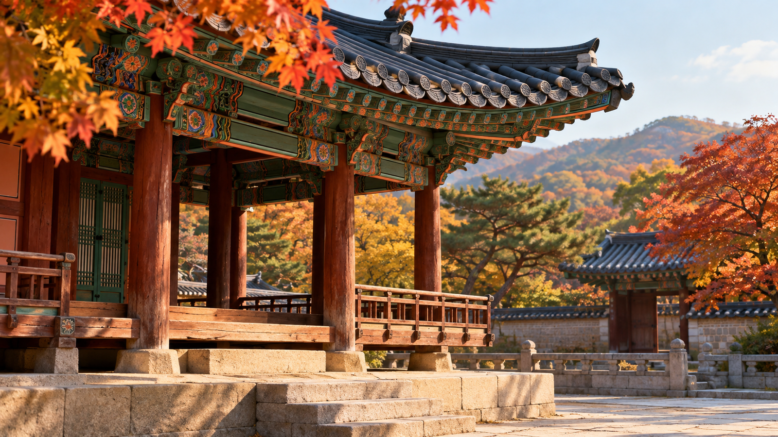 가을 궁중문화축전 가상의 한국 궁궐 누각과 가을 나뭇잎 — AI 생성 개념 이미지