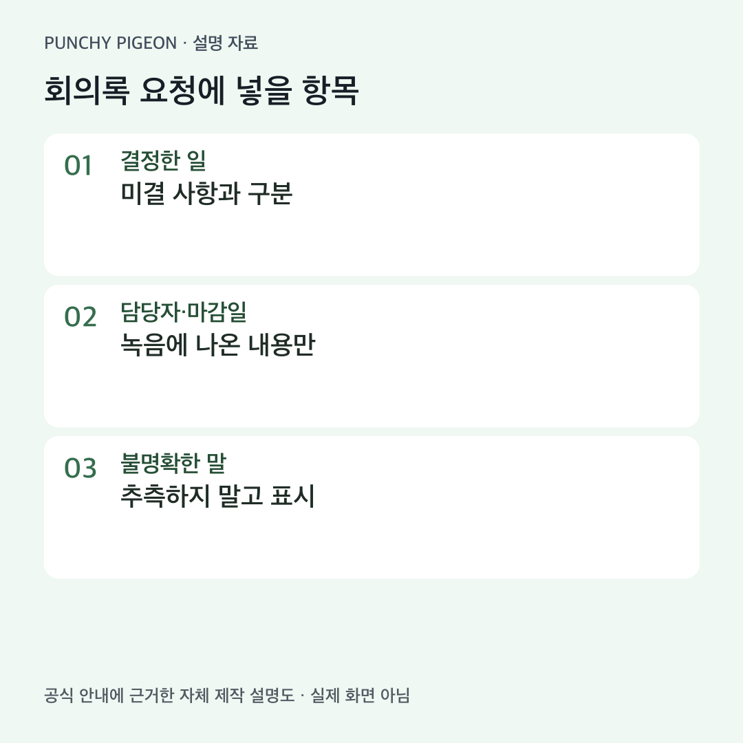 녹음 요약에서 결정 미결 담당자 기한과 불명확한 내용을 구분하는 요청 예시