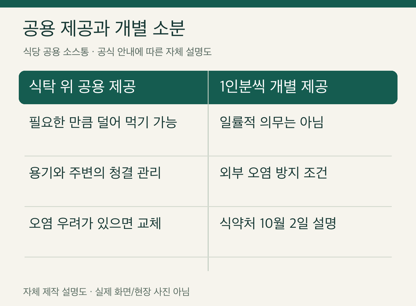 식당 공용 소스통 공용 제공과 개별 소분 — 자체 제작 설명도